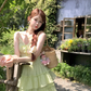 Green v-neck ruffled waist Tencel suspender dress women's summer French forest style skirt R4617