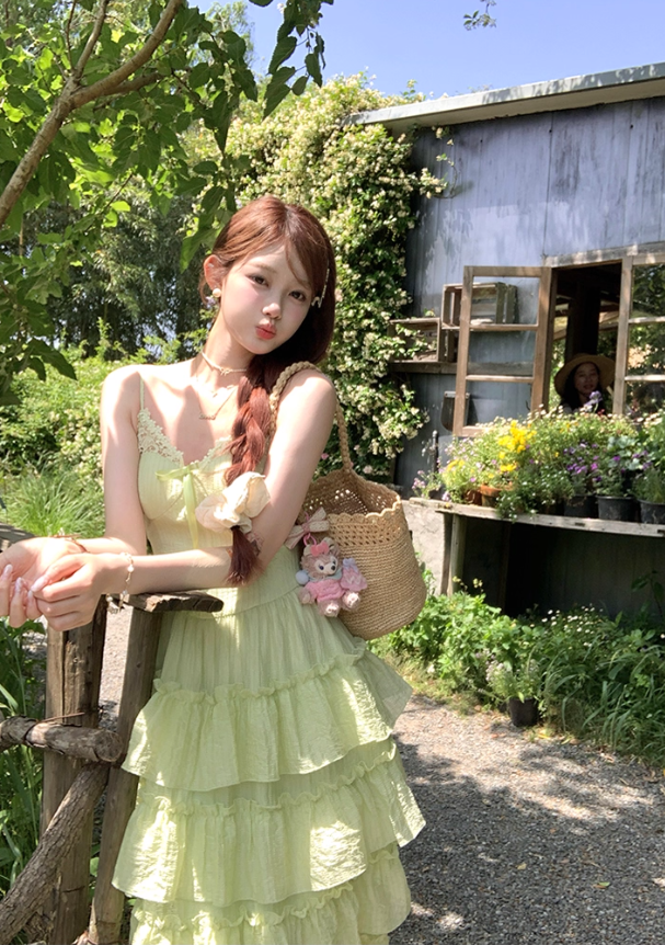 Green v-neck ruffled waist Tencel suspender dress women's summer French forest style skirt R4617