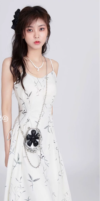 Printed satin dress 2025 suspenders slim waist pleated niche design long skirt R1499