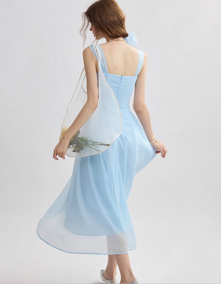 French suspender skirt blue dress sweet style sleeveless long skirt small skirt women summer R3493