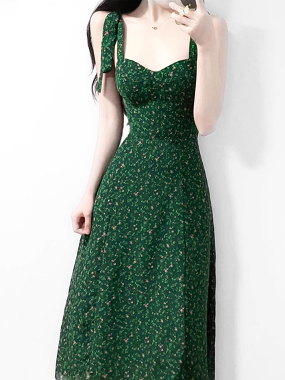 2025 Summer New Green Retro Platycodon Floral Waist Long Suspender Dress R0915