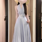 Holiday style blue v-neck halter dress unique and beautiful waist temperament long dress 2025 new R0454