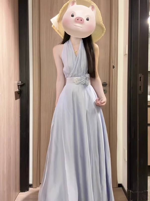 Holiday style blue v-neck halter dress unique and beautiful waist temperament long dress 2025 new R0454