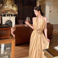 High-end satin backless v-neck halter dress with slim waist and elegant long dress R1779