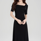 French Hepburn style square collar temperament dress waist slimming little black dress R2401