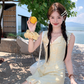 Yellow sleeveless waist a-line dress women's summer French temperament skirt R4622