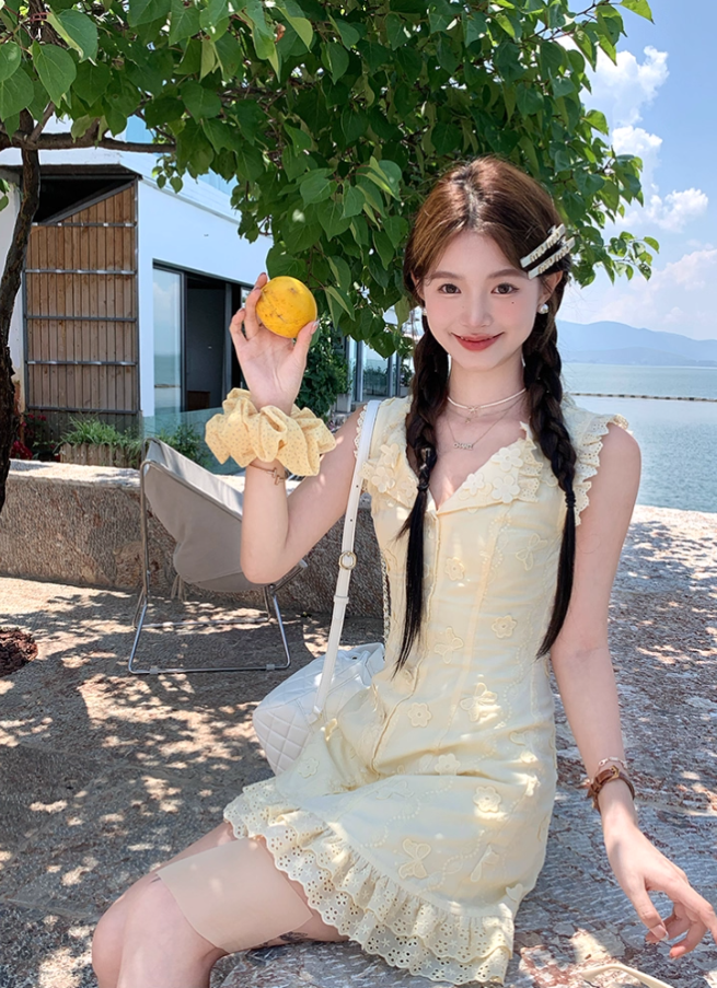 Yellow sleeveless waist a-line dress women's summer French temperament skirt R4622