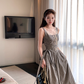 Long Square Neck Black and White Plaid Waisted Suspender Dress Women's Summer French Style Skirt R4621