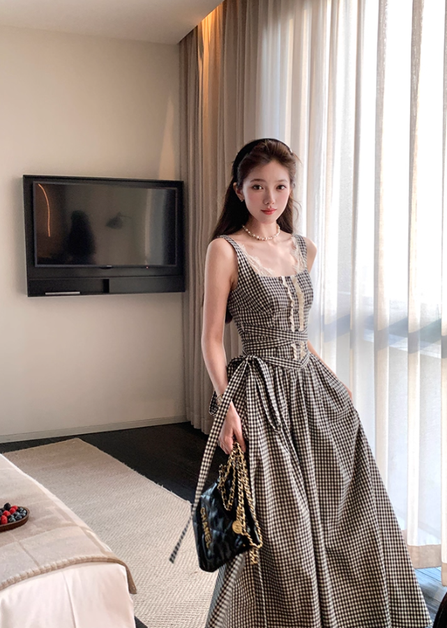 Long Square Neck Black and White Plaid Waisted Suspender Dress Women's Summer French Style Skirt R4621