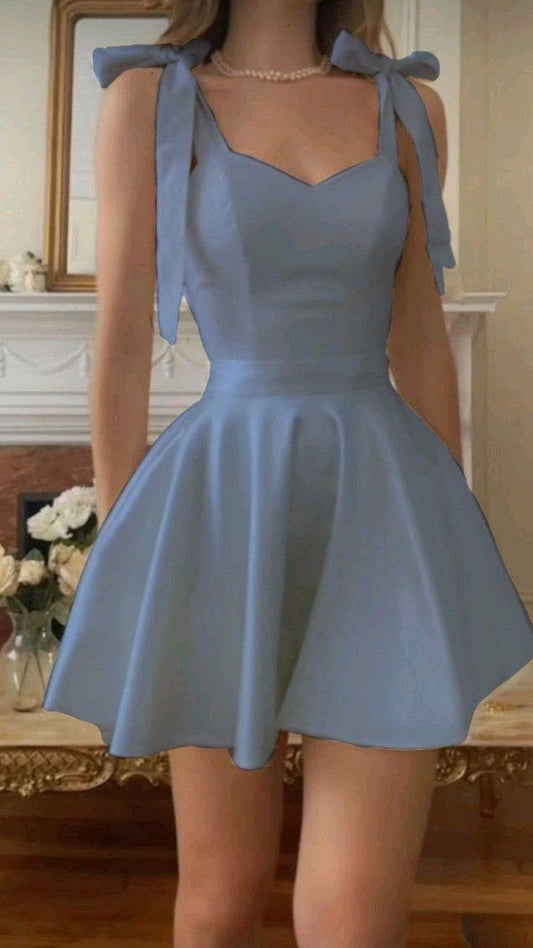 Blue suspender tie waist A-line skirt homecoming dress R3276