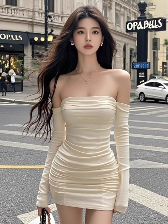 French style one-shoulder tube-top long-sleeved dress 2025 pleated waist hip skirt R1195