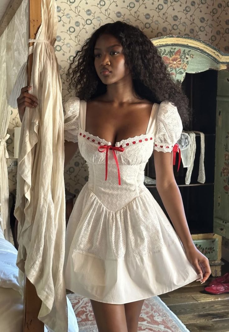 White bubble sleeve square collar slim A-line skirt homecoming dress R2519