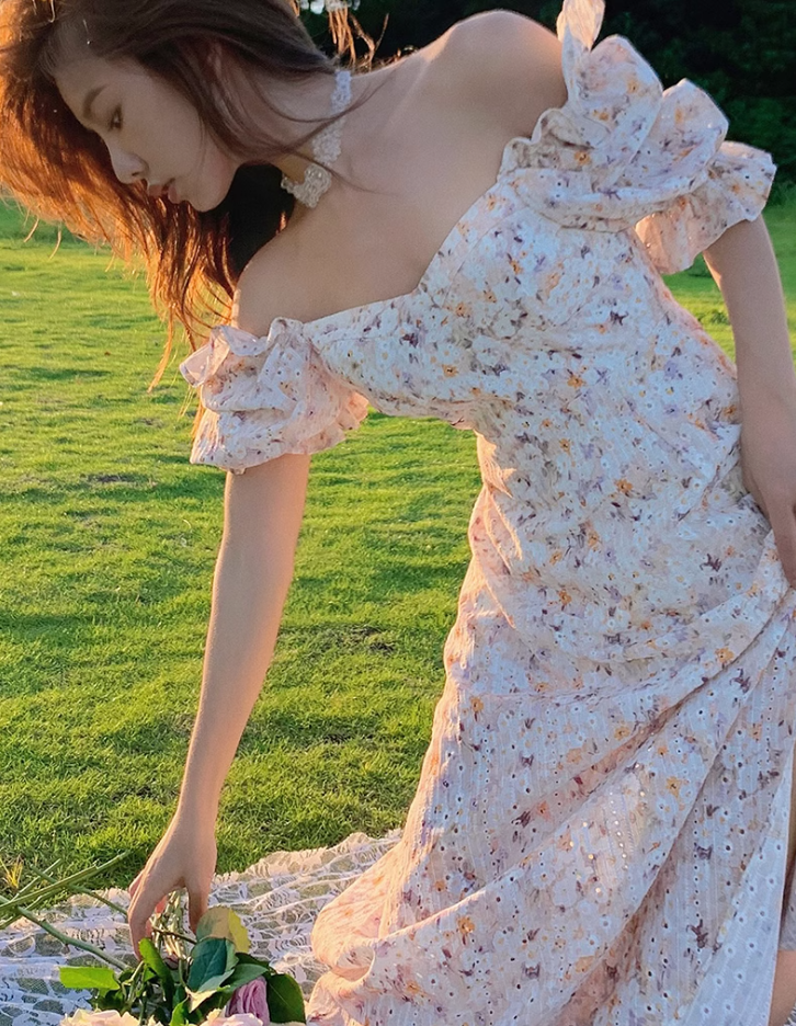 Camellia encounter floral dress holiday style French long skirt R2706