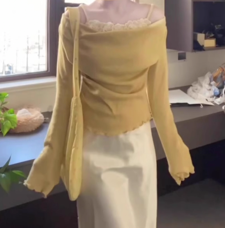 A complete set of outfits yellow one-shoulder top hip skirt 2025 two-piece suit R0768