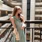 Blue long waist suspender dress women's summer French retro thousand gold skirt R4624