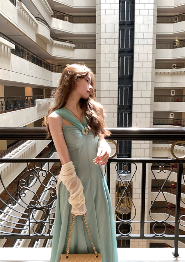 Blue long waist suspender dress women's summer French retro thousand gold skirt R4624