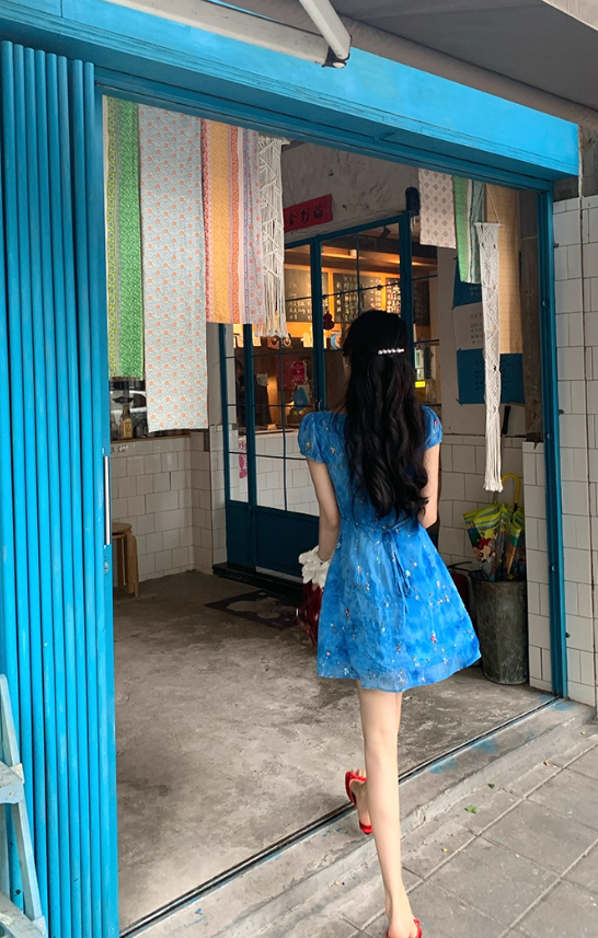 French V-neck blue floral dress women's summer retro sleeveless short skirt R4303