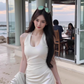 French satin halter neck V-neck dress temperament slim fishtail hip-wrapped long skirt R1526