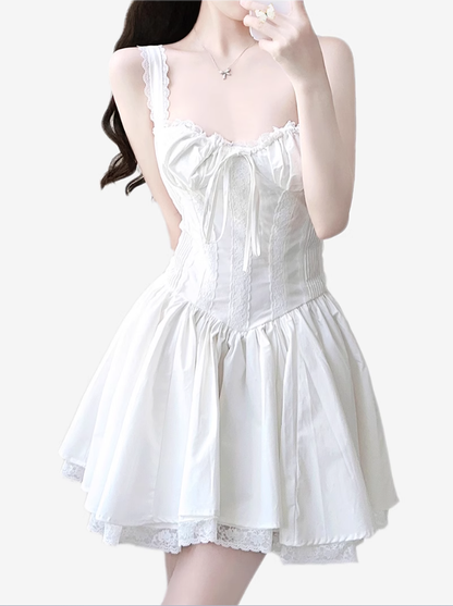 2025 Summer New White Fishbone Ballet Hottie Short A-line Suspender Dress R0974