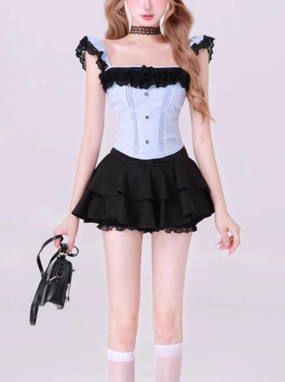 Pure desire style lace small flying sleeve suspender top 2025 sweet and spicy puffy skirt suit R1140