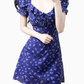 2025 Summer New Purple Floral Square Neck Puff Sleeve Retro A-line Short Dress R0949