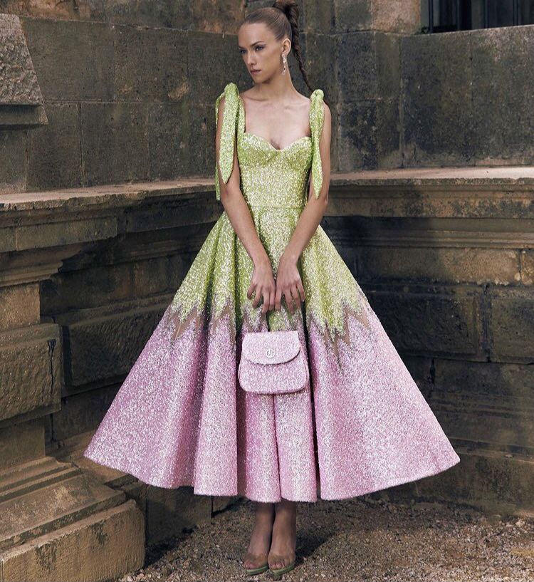 Pink and green stitching suspender waist and wide skirt dress, prom dress R5294