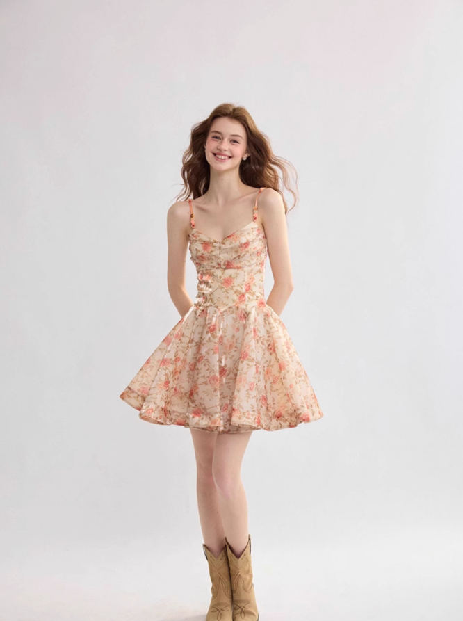 French suspender dress floral dress holiday wear short skirt R2698