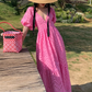 Retro lace heavy long French embroidery hollow V-neck puff sleeve loose fishtail dress R0180