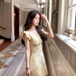 Yellow mid-length v-neck small fragrance temperament beaded bow dress summer skirt R4741