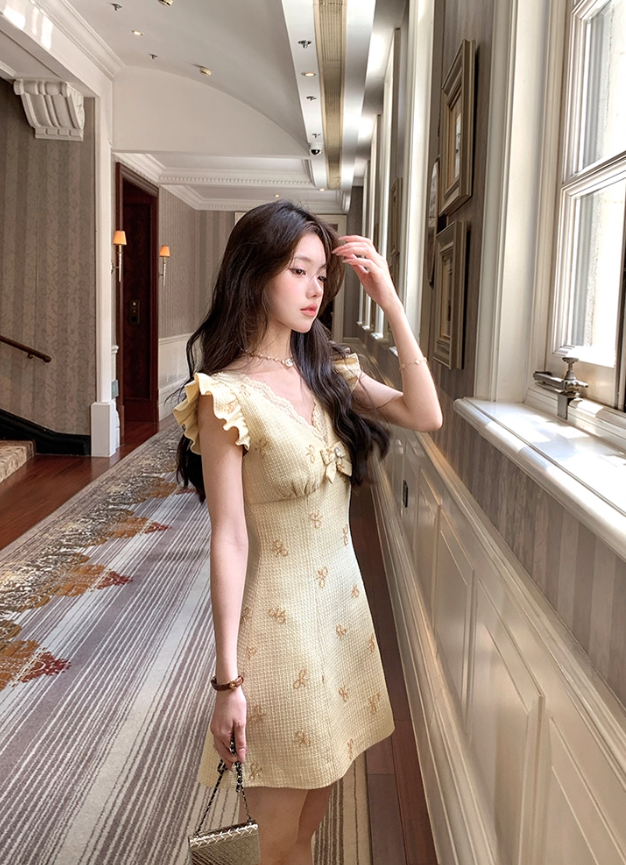 Yellow mid-length v-neck small fragrance temperament beaded bow dress summer skirt R4741