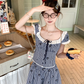 Women's summer French style two-piece square neck short striped short-sleeved top skirt suit R4912