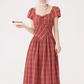 French retro square collar plaid dress new style waist slim long skirt temperament high-end R2372