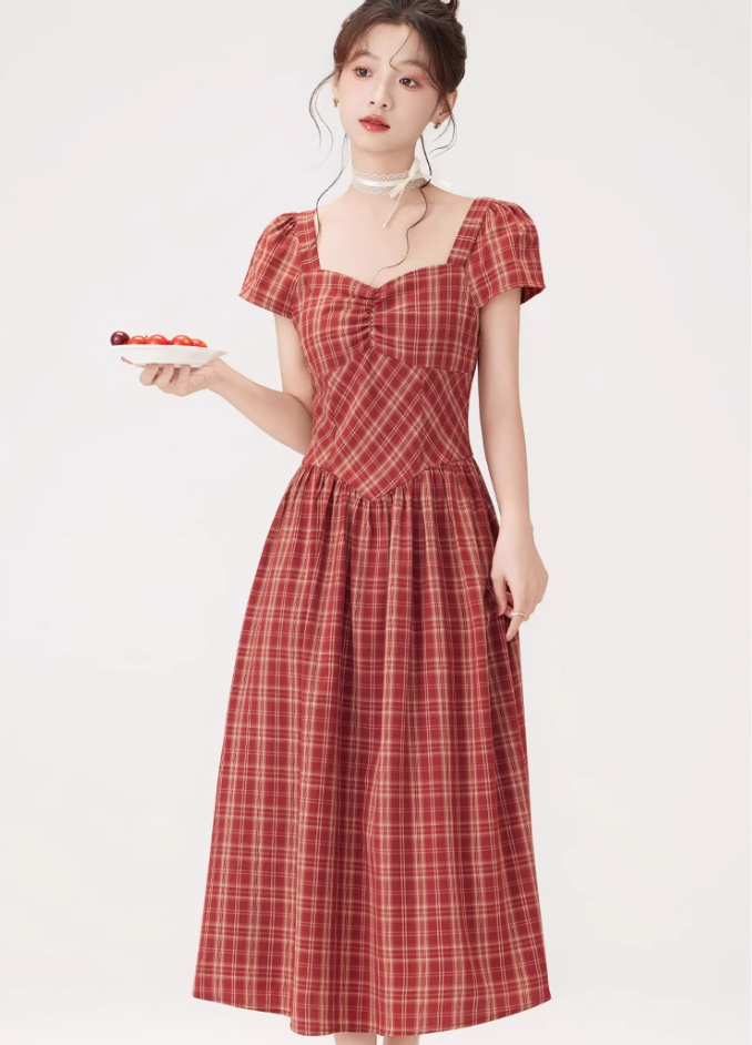 French retro square collar plaid dress new style waist slim long skirt temperament high-end R2372