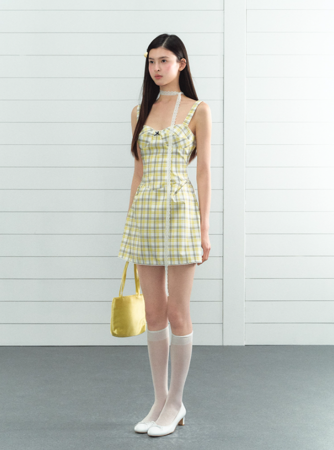 Plaid sweet girl style vest dress female summer A-line French slim suspender skirt R3336