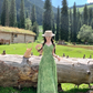 Green long v-neck small flying sleeve waist suspender dress summer temperament skirt R4906