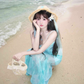 Gentle mint green floral sling dress beautiful waist slim hip skirt R0506