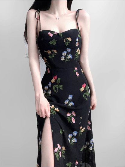 2025 summer new retro black floral waist slim sexy suspender dress R0917