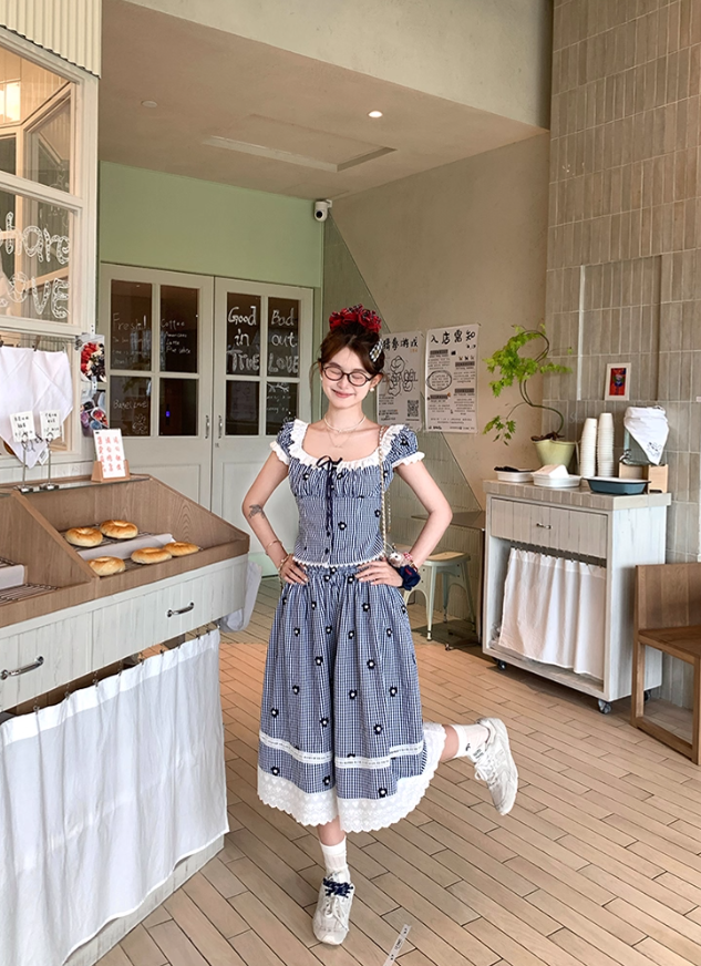 Women's summer French style two-piece square neck short striped short-sleeved top skirt suit R4912