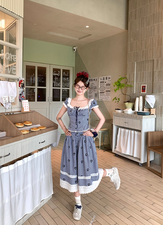 Women's summer French style two-piece square neck short striped short-sleeved top skirt suit R4912