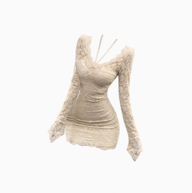 Pure desire hot girl V-neck lace halter neck dress 2025 temperament waist hip skirt R1166