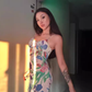 French pink tropical flower sling dress 2025 waist and hip holiday dress R1186