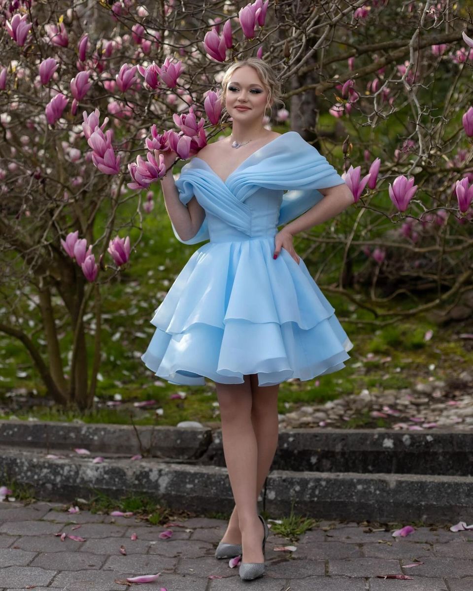 Blue one-shoulder design slim waist puffy princess skirt homecoming dress R4048