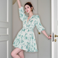 French green V-neck floral ruffles cool and slim commuter short dress summer R4074