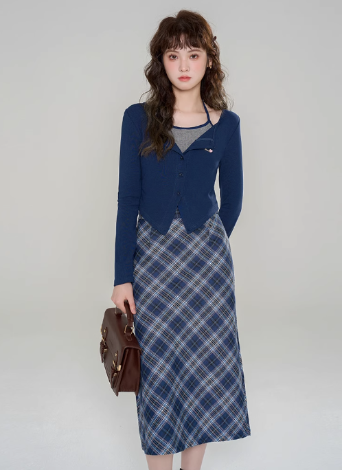 American retro college style new knitted sweater top skirt two-piece suit R2390