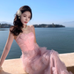 Pink flower suspender dress gentle temperament beautiful dress R0800