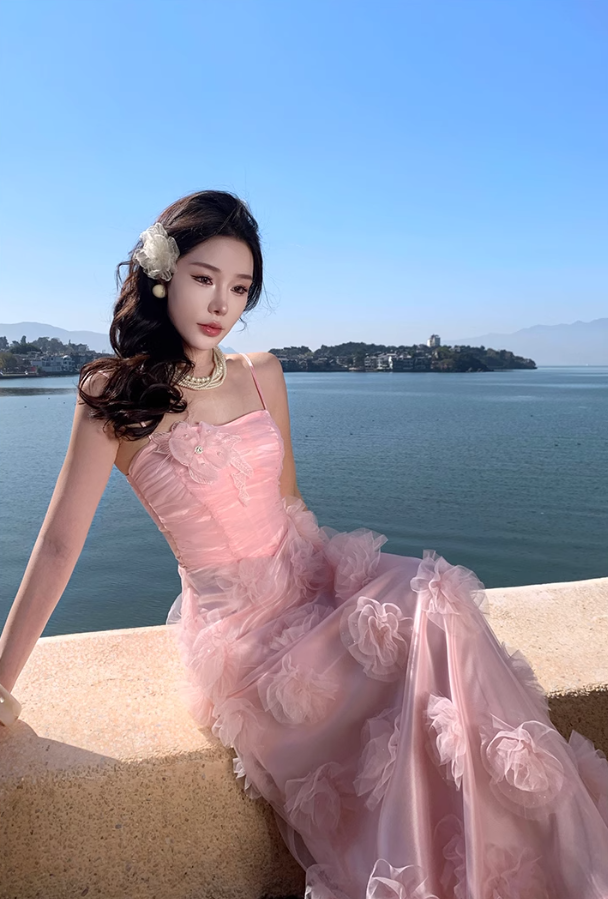 Pink flower suspender dress gentle temperament beautiful dress R0800