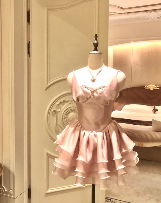 Pink suspender design neckline waist cake puffy skirt homecoming dress R4149