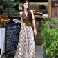 Fairy temperament outfit a complete set of halter neck small vest plaid large swing skirt two-piece suit R1705