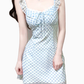 2025 Summer New Blue Plaid Lace Square Neck Short Sleeveless Dress R0969