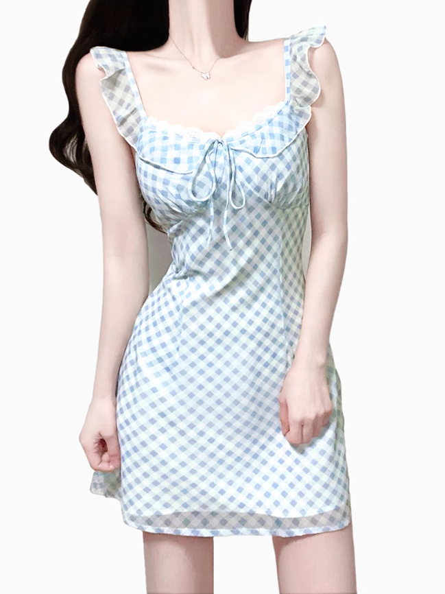 2025 Summer New Blue Plaid Lace Square Neck Short Sleeveless Dress R0969